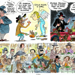 Ilustración del cómic mostrando a un grupo de personas comiendo tranquilas después de una jornada de redistribución de dinero.