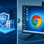 Split-screen illustration contrasting the ESU security patches on Windows 10 with the Google Chrome browser running on the desktop environment.