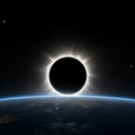 Vista del cielo mostrando el Sol cubierto por la Luna durante un eclipse solar total, con una corona brillante visible alrededor.