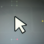 Close-up of a digital interface showing the mouse pointer transformed into a cartoonish hand icon against a blurred background of nodes.