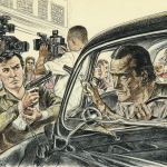 Ilustración histórica de Alejandrina Cox en su Renault y el general Carlos Prats durante el incidente del 27 de junio de 1973, rodeados por una multitud.