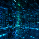 Un centro de datos con servidores y luces de procesamiento avanzado.