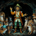 Animales peludos y un pict en una cueva surrealista