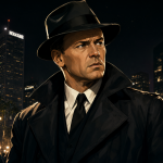 Retrato cinematográfico de Frank Sinatra frente al edificio Nakatomi Plaza.