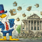 Fotografía de Foghorn Leghorn con traje político y cajas rotas de la marca ACME en un entorno urbano.