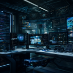 Un espacio de trabajo futurista con un servidor y una computadora potente rodeados de monitores mostrando código y simulaciones complejas.
