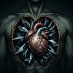 Ilustración abstracta de un torso abierto mostrando astillas de cristal clavadas profundamente dentro del tejido cardíaco, contrastando la luz afilada del dolor con la oscuridad de la insensibilidad.