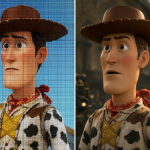 Ilustración técnica mostrando dos versiones de la misma escena: una con baja resolución de renderizado y otra con alta resolución moderna.