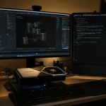 Una estación de trabajo mostrando una RTX 3090 conectada a monitores que ejecutan ComfyUI y el comando de Python para afinar video.