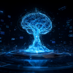 Render 3D de una red neuronal brillante sobre un escritorio holográfico con datos flotantes y una avatar de IA.