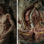 A split visual perspective comparing an external view with a stylized internal CGI view of anatomy.