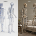 Technical illustration showing the transfer of a skeletal pose overlay into a fully rendered scene with furniture and environment.
