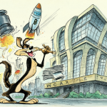 Ilustración de Wile E. Coyote presentando una demanda contra la empresa Acme tras un accidente con sus propios misiles, capturando el humor absurdo y orgánico que hace funcionar a esta película.