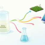 Ilustración educativa mostrando una jarra con líquido etiquetado como 'Orina Humana' dirigiéndose hacia campos agrícolas, paneles solares y frascos de laboratorio.