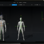 Captura de pantalla del software DesignDoll con dos maniquíes humanos y controles de etiqueta visibles.