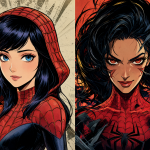 Ilustración comparativa de las dos versiones principales de Spider-Gwen