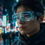 Persona usando gafas AR futuristas que muestran texto holográfico traducido sobre una señal de calle.
