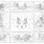 Ilustración en blanco y negro de un cómic reversible con una cuadrícula simétrica de seis paneles.