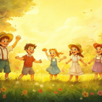Niños jugando en un campo abierto bajo el sol, representando una época perdida.