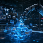Vista de un entorno digital futurista donde una brazo robótico ensambla bloques holográficos etiquetados 'Reproducibilidad', 'Consistencia' y 'Control'.