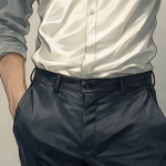Ilustración digital de alta calidad mostrando una persona con la camisa metida en el pantalón, vista desde un ángulo que muestra claramente la cintura y la falta de tela suelta.