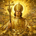 Una figura religiosa rodeada de oro que muestra conflicto por su riqueza