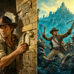 Ilustración dividida mostrando las dos versiones del juego Indiana Jones and the Fate of Atlantis.