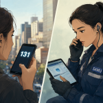 Ilustración dividida mostrando una persona llamando al 131 en Santiago y un operador médico escuchando atentamente.