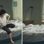 A split-screen illustration showing a person on a bed versus falling out of view.