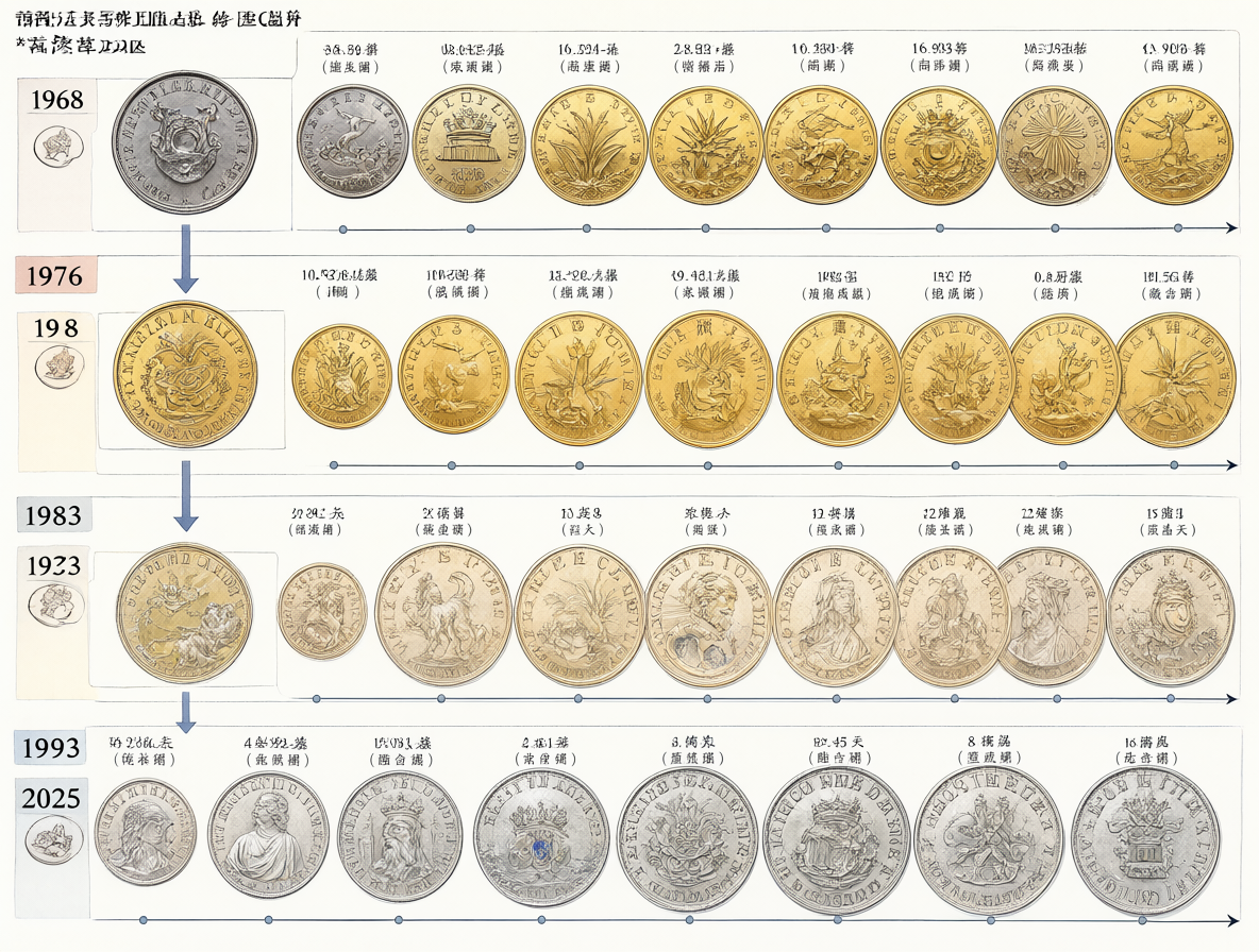 Infografía detallada con la cronología de las emisiones numismáticas en Chile, incluyendo monedas de oro y plata.