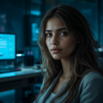 Retrato fotorrealista de una mujer virtual atractiva frente a un escritorio de trabajo moderno.