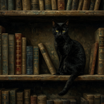 Gato negro sentado en una estantería con libros de filosofía
