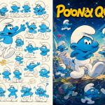 Ilustración comparativa mostrando el arte del cómic original de los Pitufos junto al arte moderno de la película.