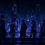 Vista nocturna futurista de la ciudad de Night City con personajes en la azotea