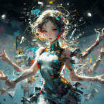 Ilustración digital de una avatar femenina atrapada en un glitch, con extremidades extra y artefactos visuales flotantes.