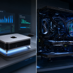 Comparison of a Mac Studio and an NVIDIA GPU rig with performance charts showing speed differences.