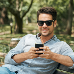 Persona escribiendo en un teléfono móvil con una expresión tranquila.