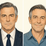 Ilustración comparativa mostrando cómo el estilo visual afecta la impresión de disponibilidad en un hombre de 55 años