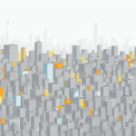 Un skyline urbano donde la inmensa mayoría de los edificios son grises y opacos, simbolizando las empresas invisibles que no buscan visibilidad comercial pública.