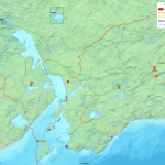 Mapa técnico de inundación por maremoto superpuesto sobre la topografía de la comuna de Niebla y el río Valdivia.