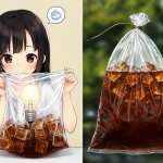 Digital illustration showing Tomoko making her unique drink with a lightbulb, alongside traditional soda bags used for deposits in Mexico and Thailand.