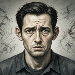 Retrato detallado de una persona con rasgos narcisistas que está perdiendo la audición, mostrando frustración por el ruido y los malentendidos comunicativos.