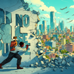 Ilustración de un emprendedor rompiendo una pared que simboliza el fracaso inicial