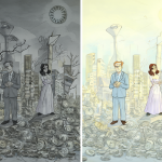 Ilustración dividida mostrando la dicotomía entre el entorno soviético y la ciudad occidental, ambas rodeadas de símbolos de materialismo.