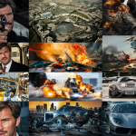 Collage vibrante de momentos icónicos de películas de James Bond como un agente en acción, el cuartel general M y gadgets futuristas.