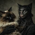 Retrato de una persona elegante con su gato majestuoso en un interior luminoso.