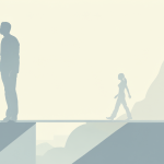Ilustración conceptual que muestra dos figuras en lados opuestos de un umbral, simbolizando el cambio de una actitud pasiva a una proactiva en las relaciones humanas.