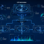 Diagrama técnico de un sistema DJ autónomo donde una IA dirige la selección de canciones hacia un motor de mezcla.