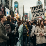 Una composición dividida que muestra cómo un individuo se mezcla en una multitud urbana versus cómo se destaca sosteniendo un cartel de activismo.