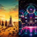 Ilustración dividida mostrando un desierto con comanches a la izquierda y luces de discoteca neón a la derecha.